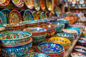 Rows of colorful pottery at the booth of an outdoor market