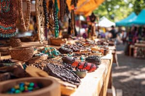 Booth with various wooden and beaded jewelry at an outdoor market