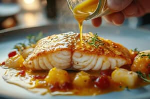 Chef pouring sauce over fresh prepared fish in a fine dining restaurant