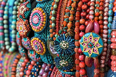 Colorful beaded jewelry at outdoor market downtown
