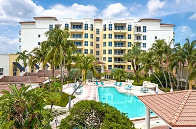 High rise condos overlooking a resort style pool in downtown Sarasota