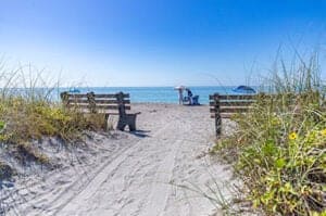 Couple setting up on the beach with grasses and benches behind them