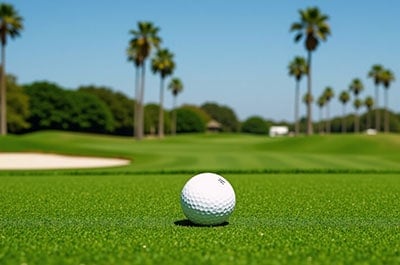 Golf ball sitting on the fairway at a world class golf course