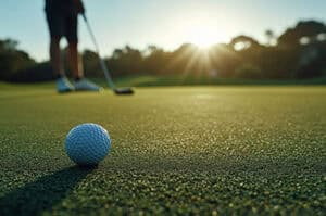 Golfer in the background looking at a golf ball on the green with the sun behind him