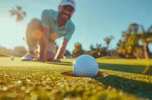 Male golfer bent down on green smiling at his ball with palm trees and sun glare behind him