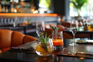 Modern upscale lounge with craft cocktails sitting on a table in the foreground with a sleek bar behind it