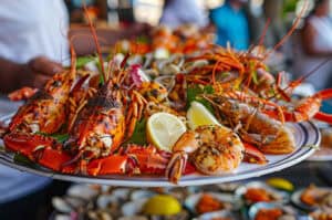 Platter of seafood at a gourmet seafood restaurant