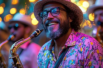 Smiling saxophone player in a colorful tropical shirt at an outdoor music festival