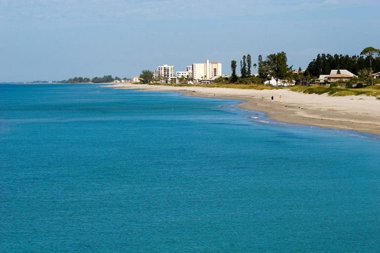 Blue water of Venice Beach with condos in the distance