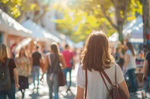 Young woman walking down the street at an outdoor market