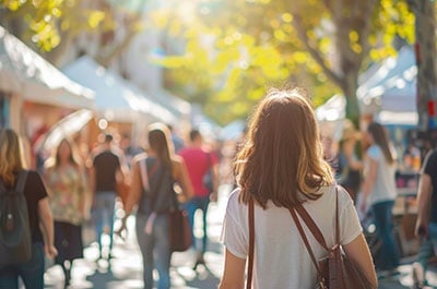 Young woman walking down the street at an outdoor market