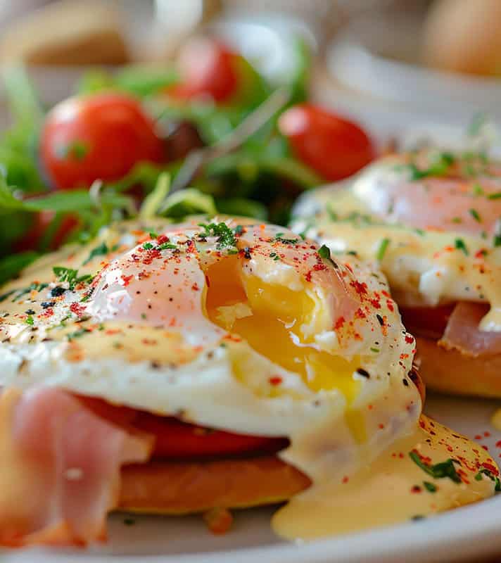 Eggs Benedict with mixed green salad