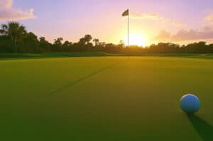 Golf ball sitting on the green with the pin in the background