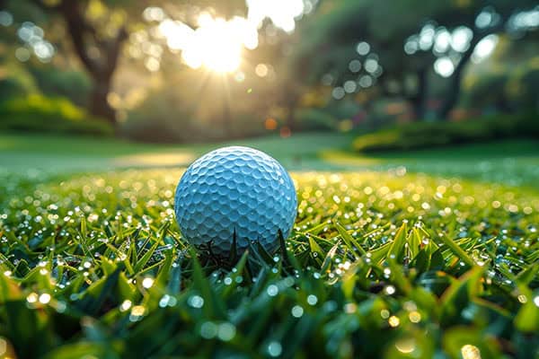 Golf ball sitting on grass with sun peeking through the trees