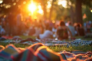 People sitting on blankets listening to live music in the park